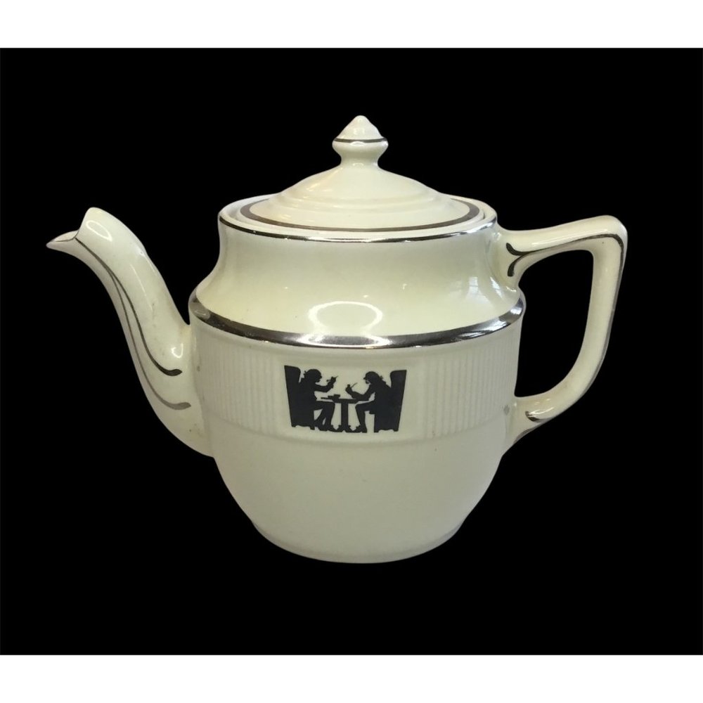 Mid-Century Hall Teapot 7" Light Yellow Silhouettes of 2 Gentlemen Dining